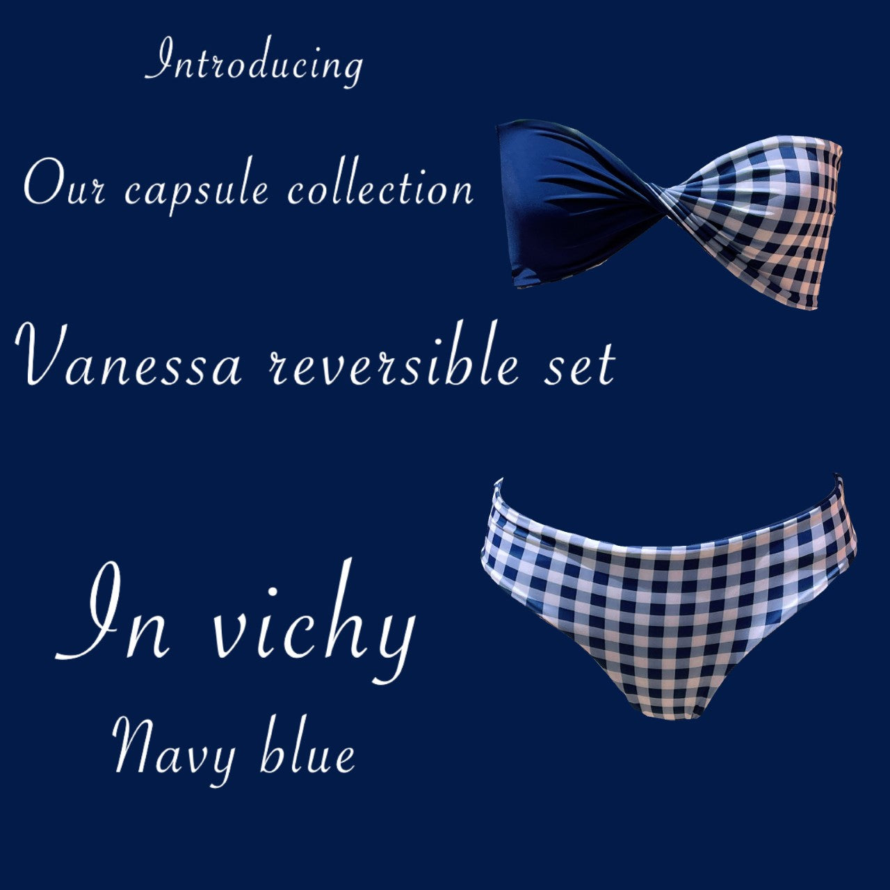 Bikini reversible 2 pieces set two pieces reversible twisted bra 2 colors bikini swimsuit swimwear constantly amazed made in lebanon aquamazeswimwear  vichy blue navy