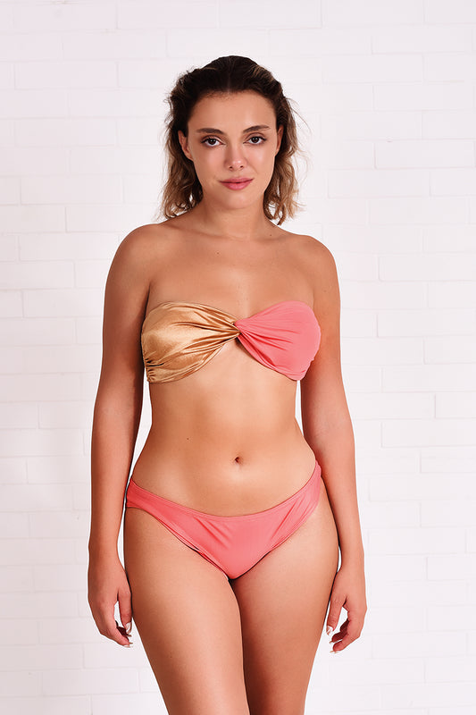 bikini luxury  2 pieces set twisted bra swimsuit swimwear bleu d’orient coral pink gold constantly amazed made in lebanon aquamazeswimwear