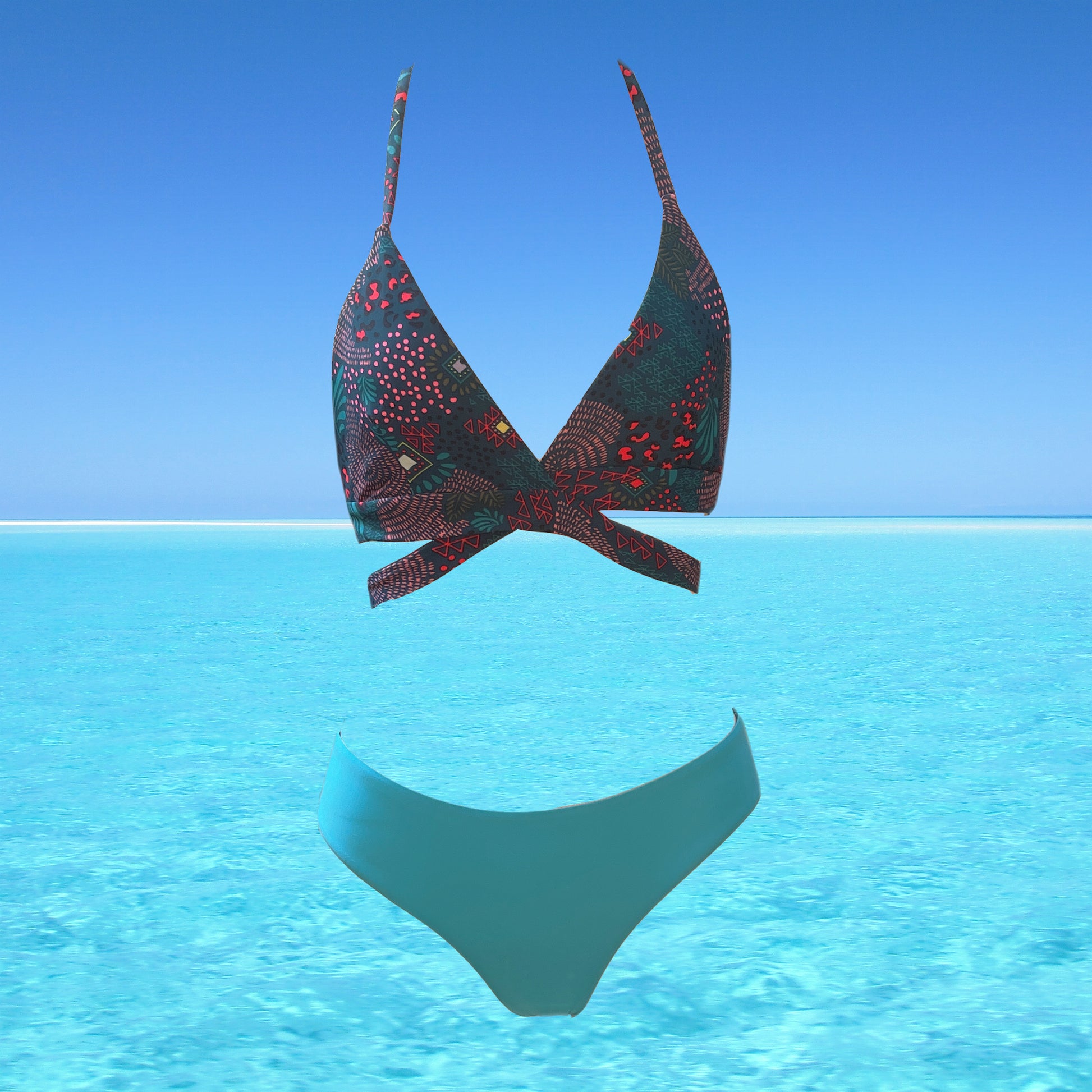 bikini jamie blue exotic print 2 pieces set reversible swimsuit swimwear constantly amazed made in lebanon aquamazeswimwear