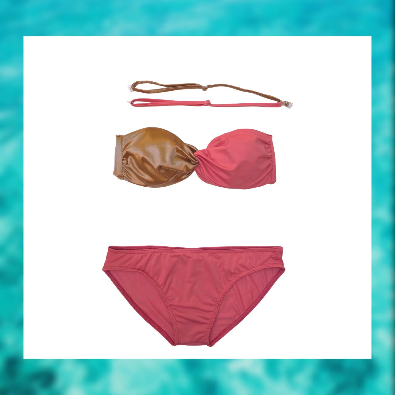 bikini luxury  2 pieces set twisted bra swimsuit swimwear bleu d’orient coral pink gold constantly amazed made in lebanon aquamazeswimwear